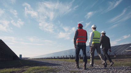 Technician walks with workman and investor through field of solar panels