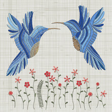 Embroidery Blue Bird And Pink Flowers. Vector Embroidery Home Decor, Ornament For Textile, Fashion, Fabric Pattern.