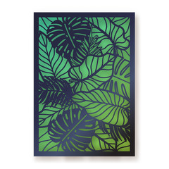 Summer jungle foliage greeting card. Palm leaves laser cut illustration.