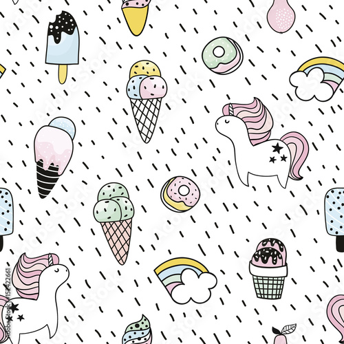 Materiał do szycia Kreatywny wzór z jednorożca, pączki, lody, rainbow. Doodle dziecinna tła. Ilustracja wektorowa