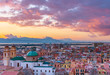 Sunset on Cagliari, evening panorama of the old city center in Sardinia Capital, view on The Old Cathedral and colored houses in traditional style, Italy