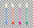 Realistic burning birthday cake candles set isolated on transparent checkered background. Vector illustration.