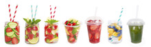 Drinks From Strawberries, Blueberries, Orange, Cucumber. Collage Of Lemonades Isolated On White Background. Set Of Different Refreshing Drink With Striped Straw. Drinks In A Glass Jar.