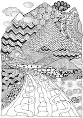 Wall Mural - Long road and mountains. Zentangle landscape. Anti stress Coloring Book page for adult. Black and White vector illustration. Zen Art, doodle style.