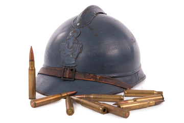 Wall Mural - french military helmet of the First World War with ammunition isolated on white