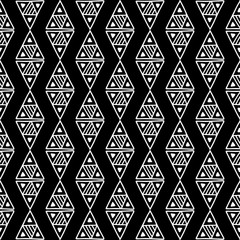 Wall Mural - Seamless vector pattern. Black and white geometrical background with hand drawn decorative tribal elements. Print with ethnic, folk, traditional motifs. Graphic vector illustration.
