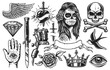 Set of vintage black and white tattoo elements isolated on white background
