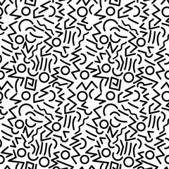 Leinwandbilder - Scattered Geometric Line Shapes. Abstract Background Design. Vector Seamless Black and White Pattern.