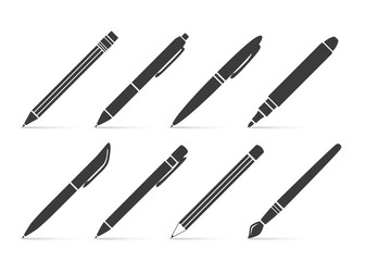 collection of vector icons for writing and artistic tools: pen, pencil, marker, paintbrush