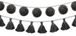 Vector Balck and White Tribal Pom Poms and Tassels Set On A String Horizontal Seamless Repeat Border Pattern. Great for handmade cards, invitations, wallpaper, packaging, home decor designs.