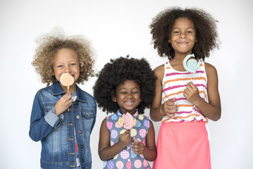 Children Smiling Happiness Studio Portrait Sweet Lollipop