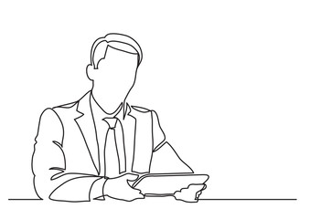 sitting businessman with tablet - continuous line drawing