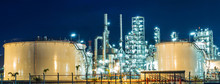 Refinery Tower In Petrochemical Industrial Plant With Twilight
