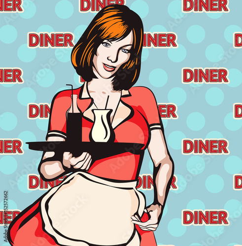 Plakat na zamówienie Vintage waitress with a tray, vector art. Waitress from a diner. Short skirt.