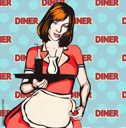 Naklejka na szybę Vintage waitress with a tray, vector art. Waitress from a diner. Short skirt.