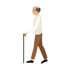 Poster - bald man elderly walking with cane stick vector illustration