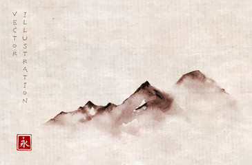 Mountains in fog hand drawn with ink in minimalist style on vintage background. Traditional oriental ink painting sumi-e, u-sin, go-hua. Hieroglyph - eternity.