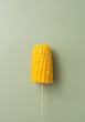 The cob boiled corn on a stick on green background