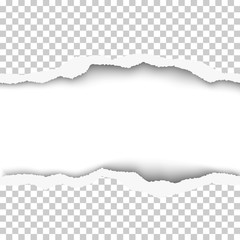 Wall Mural - Snatched middle of transparent paper background with torn edges and white resulting window with space for text or ad. Template paper design.