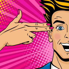 Wow pop art male face. Young sexy surprised man in love with open mouth and heart in his eye and  female hand with two fingers like a revolver. Vector colorful illustration in retro comic style.