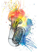 Watercolor Multicolored Splashes Stains With A Pencil Sketch Of A Musical Instrument Tuba, Jazz Music