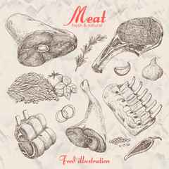 Set of hand drawn meat isolated