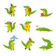 Cute cartoon crocodile in every day activities, colorful characters vector Illustrations