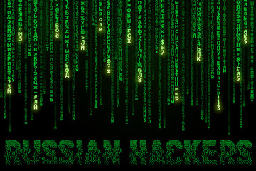 Background with falling cyrillic symbols and inscription Russian Hackers. Vector Illustration.