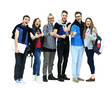 © ASDF - group of smiling friends staying together and looking at camera isolated on white background