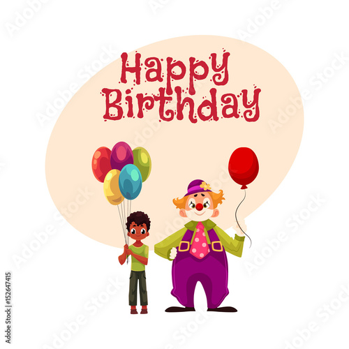 Happy Birthday Vector Greeting Card Poster Banner Design With Black African American Boy Holding Balloons Standing With Funny Clown Black African Boy And Man In Clown Costume Holding Balloons Stock Vector Happy Birthday Vector Greeting Card Poster Banner Design With Black African American Boy Holding Balloons Standing With Funny Clown Black African Boy And Man In Clown Costume Holding Balloons Stock Vector