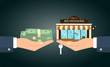 © jeler - Vector illustration of two hands changing money for small cafe with your business words.