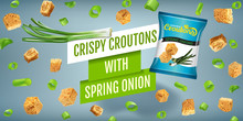 Vector realistic illustration of croutons with spring onion.