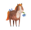 Pony with blue flower. Watercolor illustration. Hand drawing