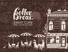 Urban Landscape With Street Cafes And Love Couple On The Background Of Manuscript With Blots. Banner For Street Cafe With Old Building And Inscription Coffee Break In Retro Style