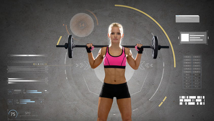 Poster - sporty young woman flexing muscles with barbell