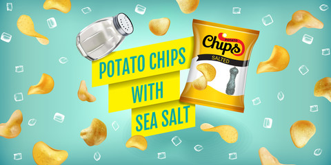 Vector realistic illustration of potato chips with sea salt.