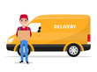 © zhenyakot - Vector illustration cartoon delivery man with carton box and a car. Isolated white background. Flat style. The concept of a business delivery service.