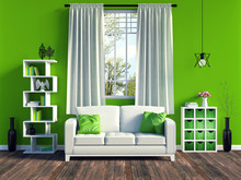 Modern Green Living Room Interior With White Sofa And Furniture And Old Wood Flooring, 3D Rendering