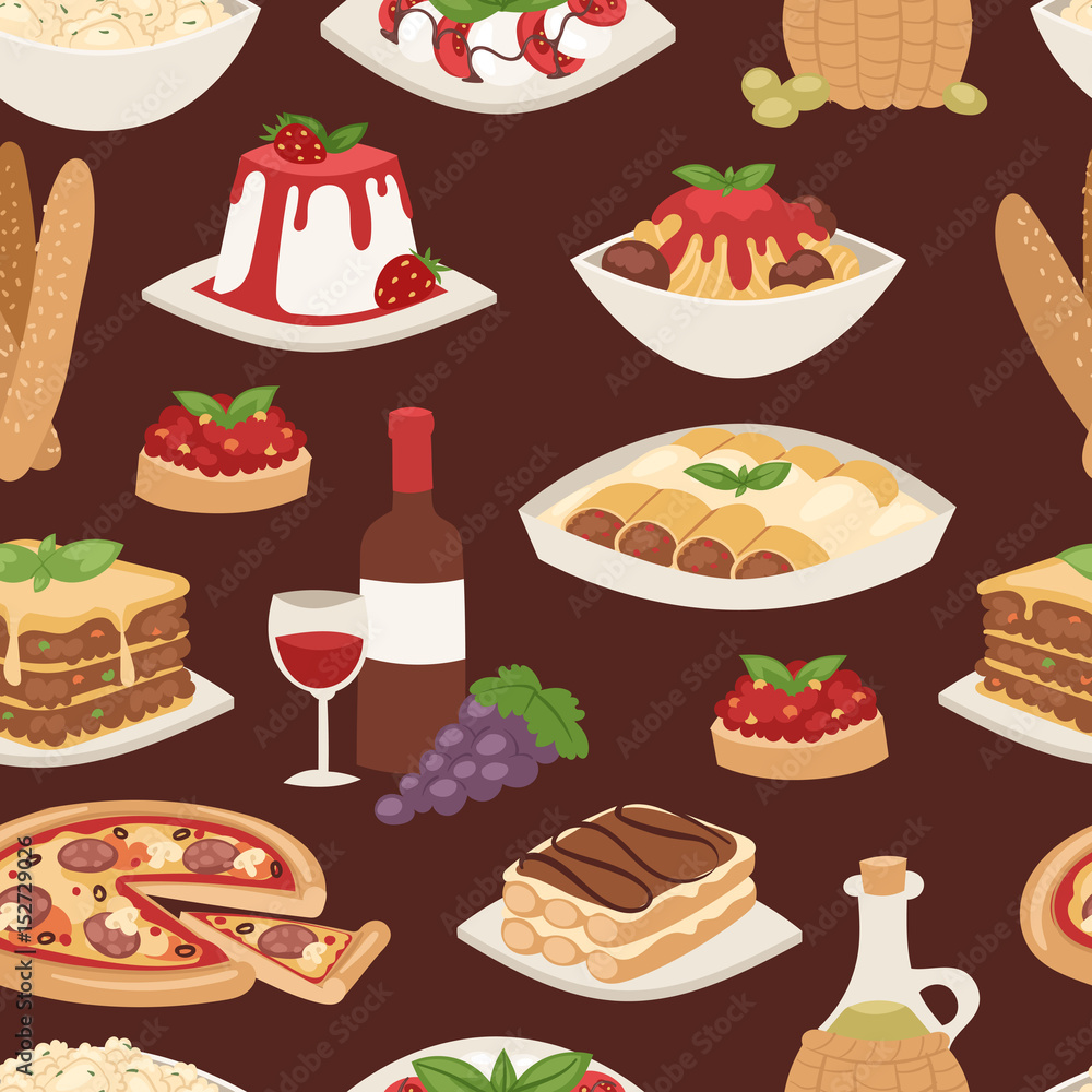Cartoon Italy food cuisine delicious homemade cooking fresh traditional  lunch vector seamless pattern. Stock Vector | Adobe Stock, image size:1000x1000
