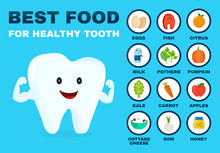 Best Food For Healthy Tooth. Strong Tooth Character. Vector Flat Cartoon Illustration Icon. Isolated On Blue Backgound. Health Food, Diet, Products, Nutrition, Nutriment Infographic Concept