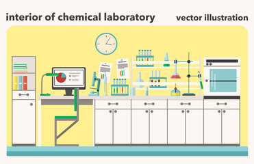 Vector illustration of Chemical laboratory interior. Tubes, microscope and computer in flat design style