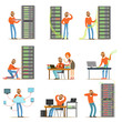 Young engineer working in network server room. Technician at the data center set of colorful Illustrations