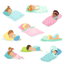Adorable Little Boys And Girls Sleeping Sweetly In Their Beds, Colorful Characters Vector Illustrations