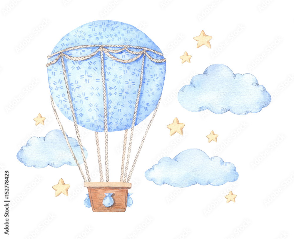Ilustração do Stock Hand drawn watercolor illustration - hot air balloon in  the sky. Perfect for baby prints, posters, invitations etc | Adobe Stock, image size:1000x816
