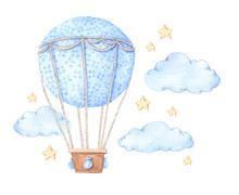 Hand Drawn Watercolor Illustration - Hot Air Balloon In The Sky. Perfect For Baby Prints, Posters, Invitations Etc