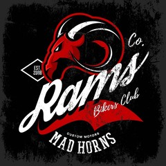 Vintage American furious ram bikers club tee print vector design isolated on black background. Street wear t-shirt emblem. 
Premium quality wild animal superior mascot logo concept illustration.