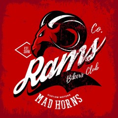 Wall Mural - Vintage American furious ram bikers club tee print vector design isolated on red background. Street wear t-shirt emblem. 
Premium quality wild animal superior mascot logo concept illustration.