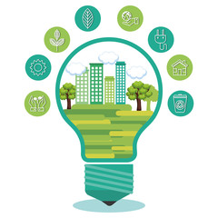 Green city design in ligh bulb surrounded by eco friendly icons over white background. Vector illustration.