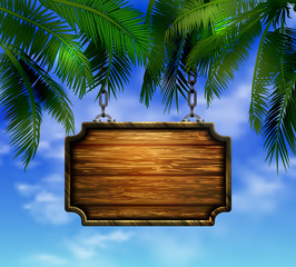 summer wooden sign on tropical beach background