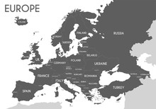 Political Map Of Europe In Gray Color With White Background And The Names Of The Countries In English. Vector Illustration